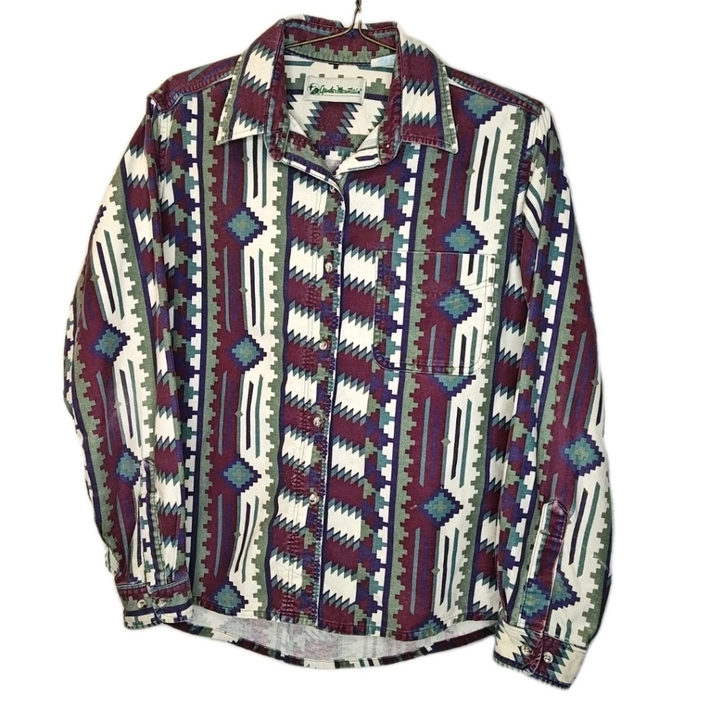 Vtg 80s USA Tribal Aztec Flannel Shirt Adult XL Purple Green Tribal Brush Popper